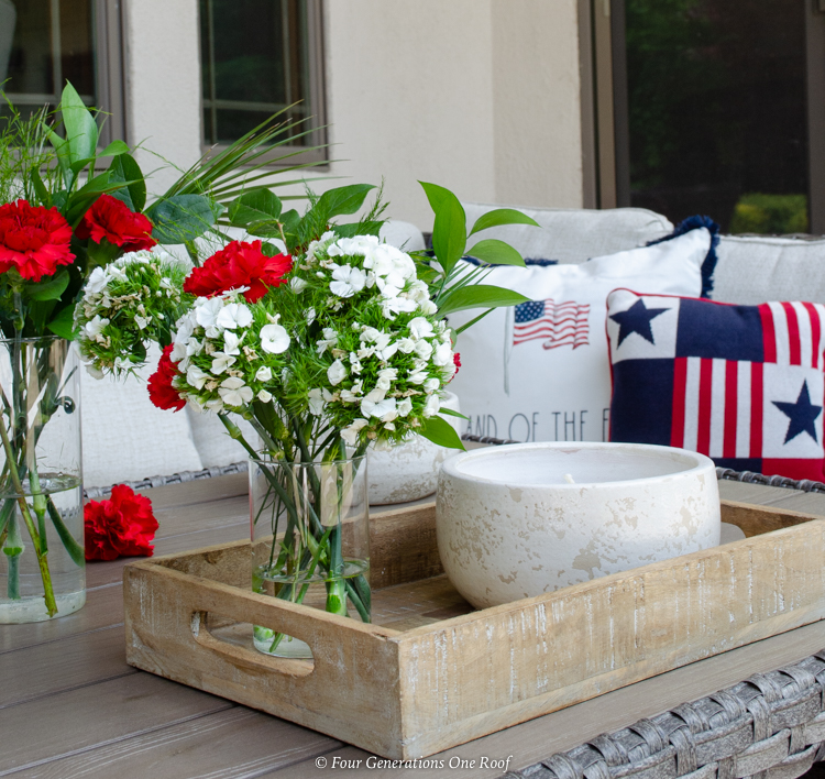 4th of July patio centerpiece wooden tray flowers candle